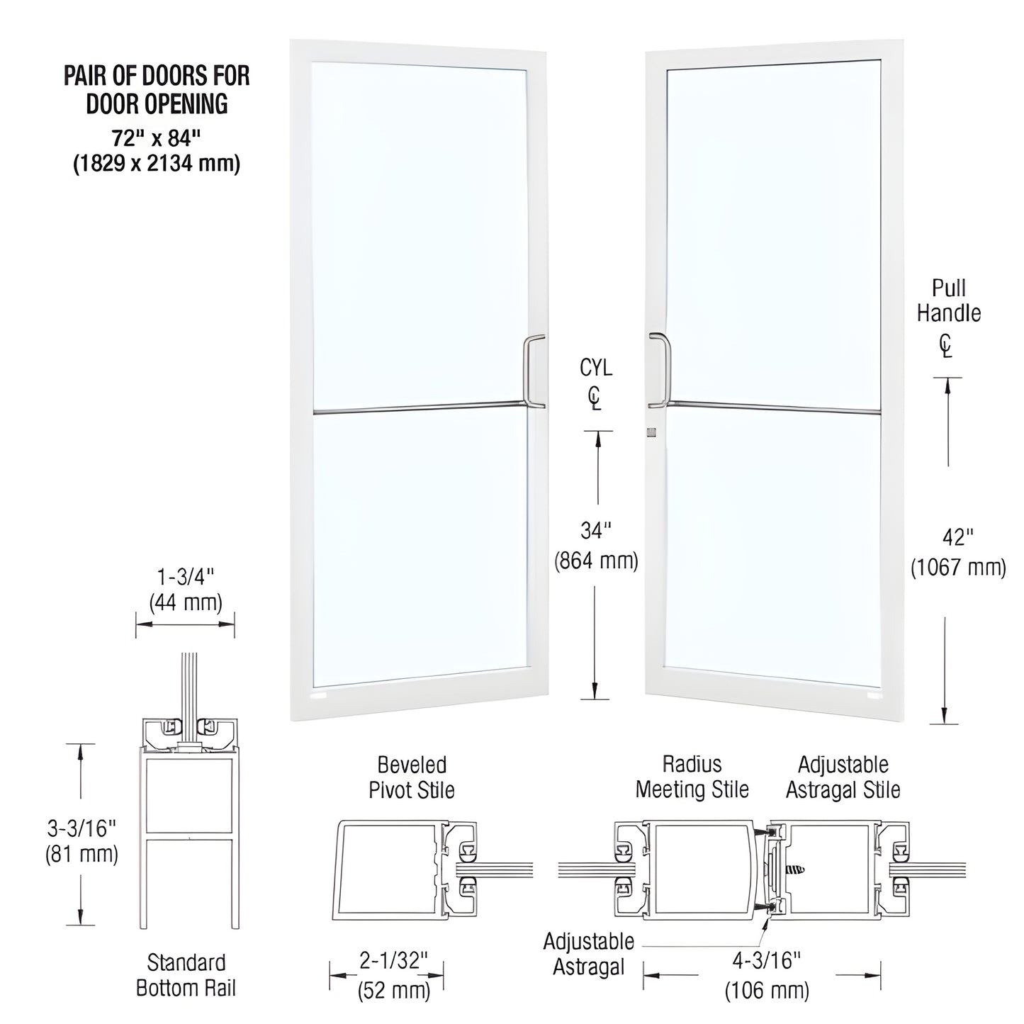 Pair of white Kynar narrow-stile commercial entrance doors with glass, 2 inch stiles, adjustable astragal; SKU DC22852
