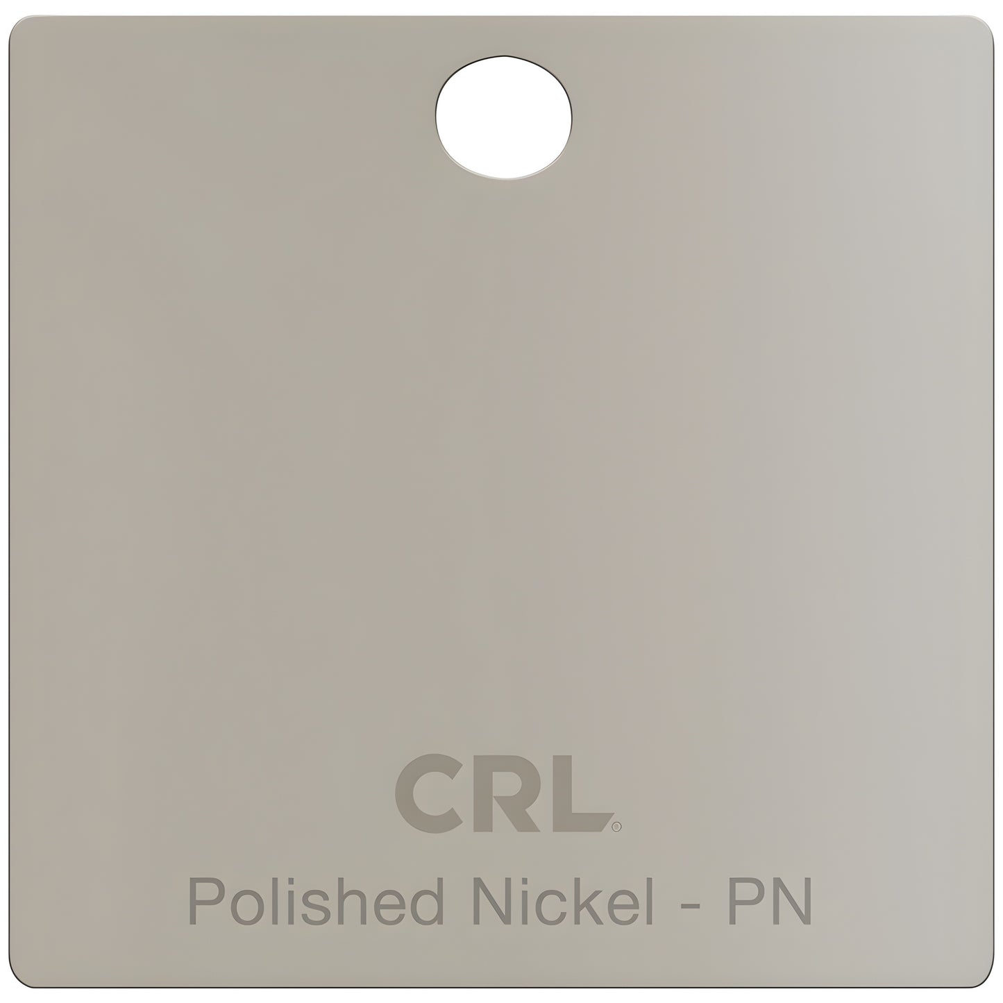 Polished Nickel finish sample chip (SKU CH2PPN) brass shower hardware color swatch with CRL logo and hanging hole.
