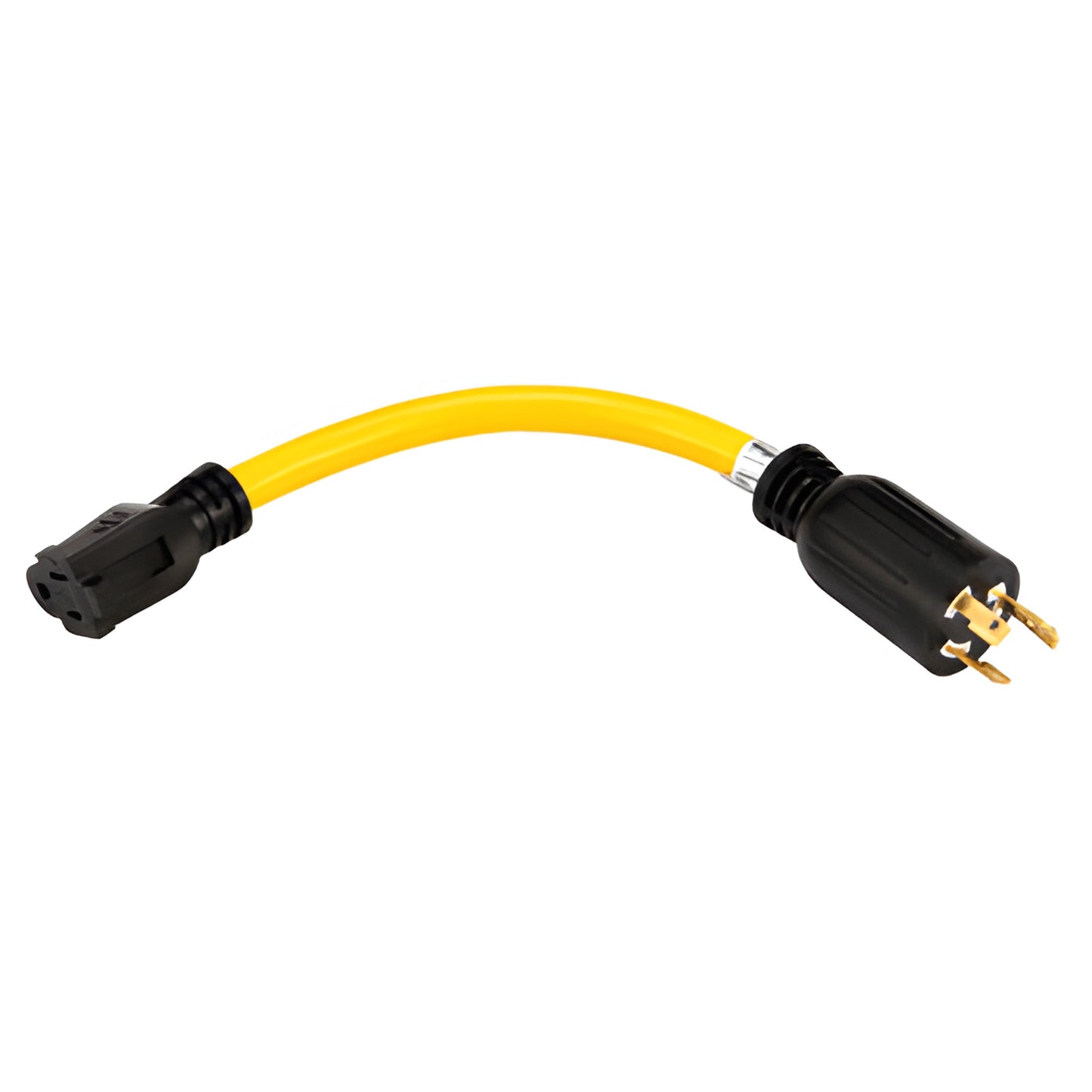 Yellow short adapter cable (SKU EC21052) with 20A twist-to-lock plug to 15A grounded (NEMA L5-20R) connector.
