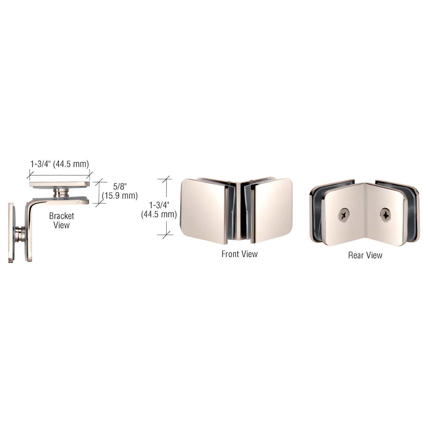 GCB90PN polished nickel 90 brass glass clamp for 5/16-1/2" (8-12mm) frameless shower panels.