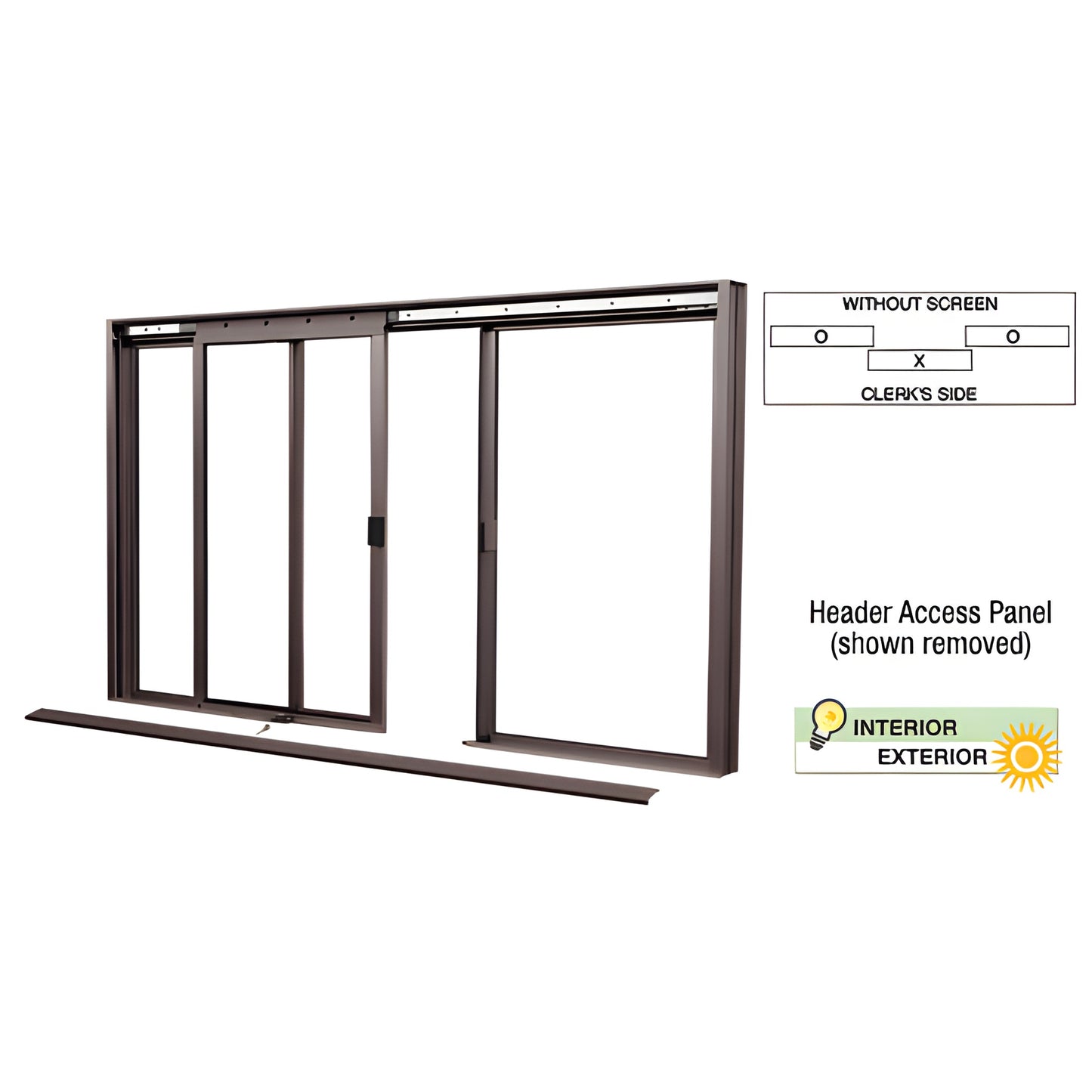 DW2600DU three-panel manual deluxe sliding service window with center sliding panel, bronze anodized frame