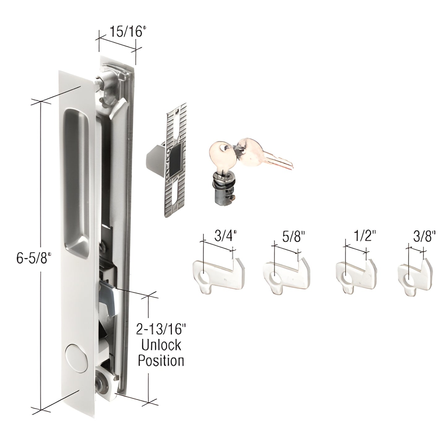 CRL C1134 chrome mid-latch flush door handle set with key cylinder, aluminum pulls and interchangeable stamped steel hooks