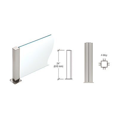 PP43 Plaza Series Post for 3/8" (10 mm) Glass, Brushed Stainless 24" High, 1-1/2" Square, 4-Way Post