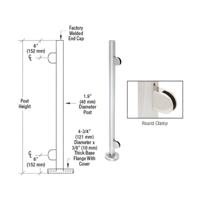 CRL Polished Stainless 42" Steel Round Glass Clamp End Post Railing Kit