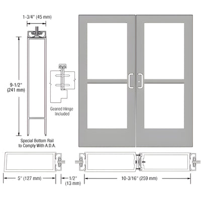 CRL-U.S. Aluminum Clear Anodized Custom Pair Series 550 Wide Stile Geared Hinge Entrance Doors With Panics for Surface Mount Door Closers