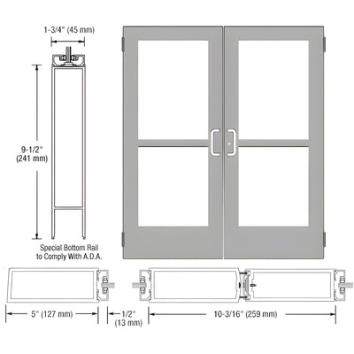 CRL-U.S. Aluminum Clear Anodized Custom Size Pair Series 550 Wide Stile Butt Hinge Entrance Door With Panics for Surface Mount Door Closers