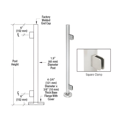 CRL Polished Stainless Steel Round 42" Tall End Post Kit With Square Clamps