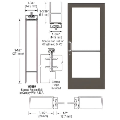 CRL-U.S. Aluminum Bronze Black Anodized Custom Single Series 400 Medium Stile Offset Hung Geared Hinge Entrance Door for Overhead Concealed Door Closer
