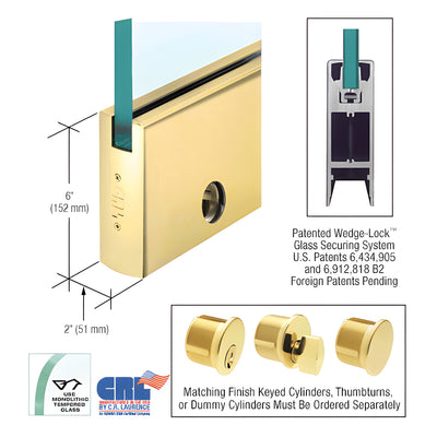 CRL Polished Brass 3/8" Glass 6" Square Door Rail With Lock - Custom Length