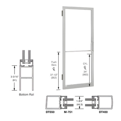 CRL-U.S. Aluminum Clear Anodized 250 Series Narrow Stile Inactive Leaf of Pair 3'0 x 7'0 Offset Hung with Butt Hinges for Surf Mount Closer Complete Door Std. MS Lock and Std. Bottom Rail