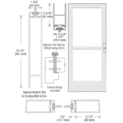 CRL-U.S. Aluminum White KYNAR® Paint Single 36" x 84" Series 400 Medium Stile Right Side Latch Geared Hinge Entrance Door With Panic for 105 Degree Overhead Concealed Door Closer