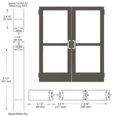 CRL-U.S. Aluminum Bronze Black Anodized Custom Pair Series 400 Medium Stile Butt Hinged Entrance Doors With Panics for Overhead Concealed Door Closers