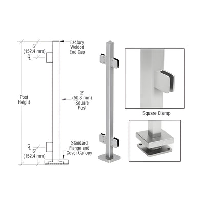 CRL Brushed Stainless 36" Steel Square Glass Clamp 180 Degree Center Square Post Railing Kit