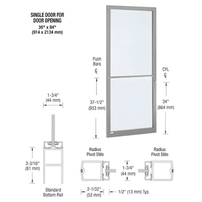 CRL-U.S. Aluminum Clear Anodized Custom Single Series 250 Narrow Stile Center Pivot Entrance Door for Overhead Concealed Door Closer