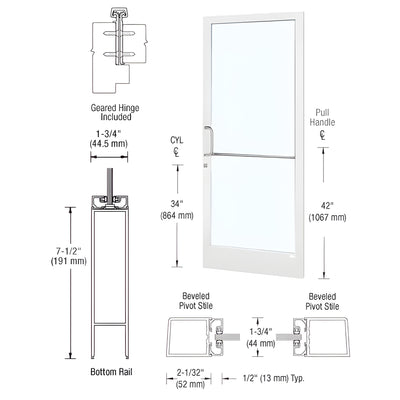 CRL-U.S. Aluminum White KYNAR® Paint Custom Single Series 250 Narrow Stile Geared Hinge Entrance Door for Surface Mount Door Closer