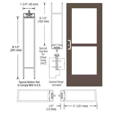CRL-U.S. Aluminum Bronze Black Anodized Custom Single Series 550 Wide Stile Geared Hinge Entrance Door with Panic for Overhead Concealed Door Closer for Overhead Concealed Door Closer