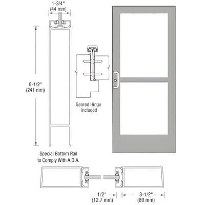 CRL-U.S. Aluminum Clear Anodized Custom Single Series 400 Medium Stile Geared Hinge Entrance Door With Panic for Surface Mount Door Closer
