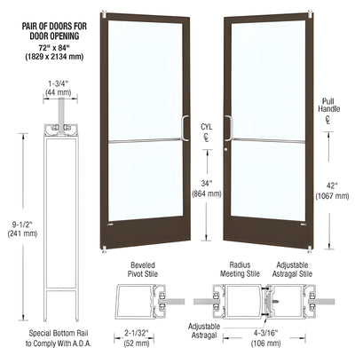 CRL-U.S. Aluminum Bronze Black Anodized Custom Pair Series 250 Narrow Stile Offset Pivot Entrance Doors for Surface Mount Door Closers