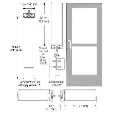 CRL-U.S. Aluminum Clear Anodized Custom Single Series 550 Wide Stile Geared Hinge Entrance Door with Panic for Overhead Concealed Door Closer
