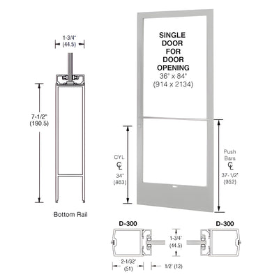 CRL-U.S. Aluminum Clear Anodized 250 Series Narrow Stile (RHR) HRSO Single 3'0 x 7'0 Center Hung for OHCC w/Standard Push Bars Complete Door/Std. MS Lock, 7-1/2" Std. Bottom Rail