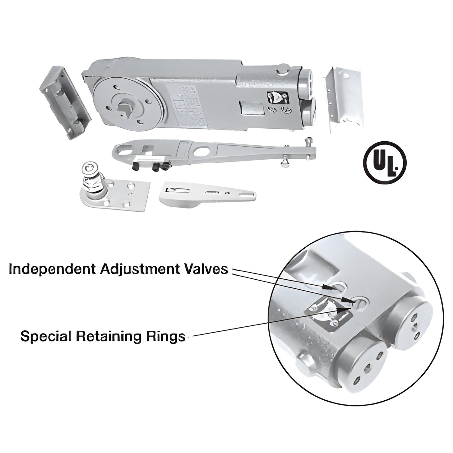 CRL8172S overhead concealed aluminum door closer kit with arm, pivot, mounting parts - UL listed