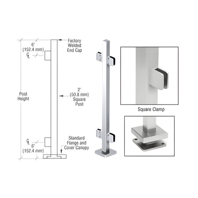 CRL Polished Stainless 36" Steel Square Glass Clamp 180 Degree Center Square Post Railing Kit