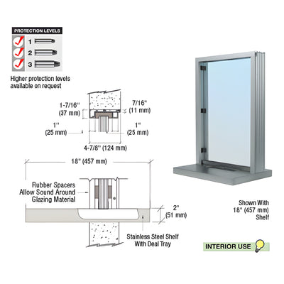 CRL Satin Anodized Aluminum Standard Inset Frame Interior Glazed Exchange Window with 18" Shelf and Deal Tray