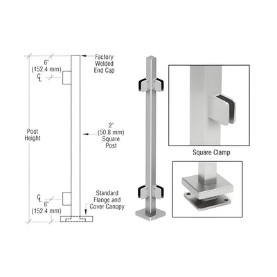 CRL Brushed Stainless 42" Steel Square Glass Clamp 90 Degree Corner Post Railing Kit