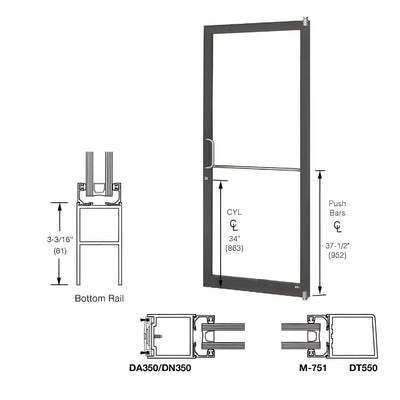 CRL-U.S. Aluminum Bronze Black Anodized 250 Series Narrow Stile Active Leaf of Pair 3'0 x 7'0 Offset Hung with Pivots for Surf Mount Closer Complete Door Std. MS Lock and Std. Bottom Rail