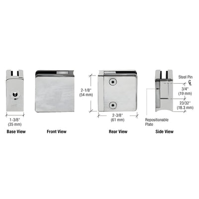 CRL Satin Chrome Z-Series Square Type Radius Base Zinc Clamps for 3/8" and 1/2" Glass with Repositionable Plate