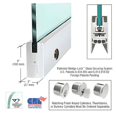 CRL Satin Anodized 1/2" Glass 4" Square Door Rail With Lock - 35-3/4" Length