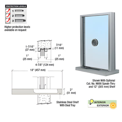 CRL Satin Anodized Aluminum Standard Inset Frame Exterior Glazed Exchange Window with 18" Shelf and Deal Tray