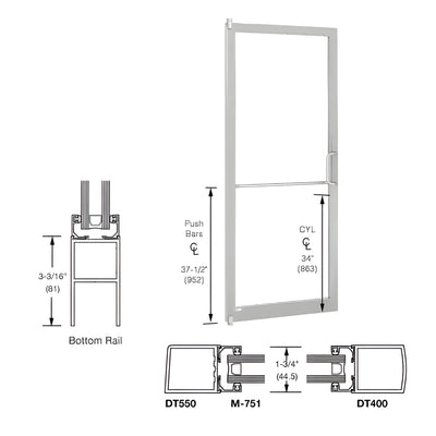 CRL-U.S. Aluminum Clear Anodized 250 Series Narrow Stile Inactive Leaf of Pair 3'0 x 7'0 Offset Hung with Pivots for Surf Mount Closer Complete Door Std. MS Lock and Std. Bottom Rail
