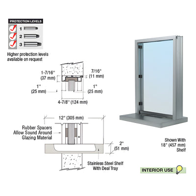 CRL Satin Anodized Aluminum Standard Inset Frame Interior Glazed Exchange Window with 12" Shelf and Deal Tray