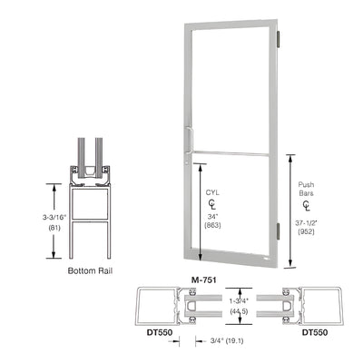 CRL-U.S. Aluminum Clear Anodized 250 Series Narrow Stile (RHR) HRSO Single 3'0 x 7'0 Offset Hung with Butt Hinges for Surf Mount Closer Complete Door Std. MS Lock and Std. Bottom Rail