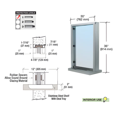 CRL Satin Anodized Bullet Resistant 30" Wide x 36" High Interior Window with Surround Sound and Shelf with Deal Tray for 4-7/8" Thick Walls