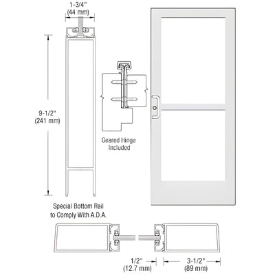 CRL-U.S. Aluminum White KYNAR® Paint Custom Single Series 400 Medium Stile Geared Hinge Entrance Door With Panic for Surface Mount Door Closer