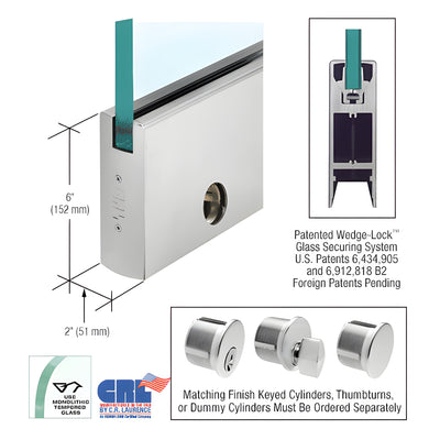 CRL Satin Anodized 1/2" Glass 6" Square Door Rail With Lock - Custom Length