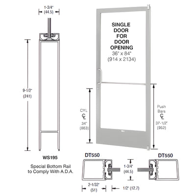 CRL-U.S. Aluminum Clear Anodized 250 Series Narrow Stile (RHR) HRSO Single 3'0 x 7'0 Offset Hung with Pivots for Surf Mount Closer Complete Door for 1" Glass with Standard MS Lock and Bottom Rail