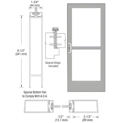 CRL-U.S. Aluminum Clear Anodized Custom Single Series 400 Medium Stile Geared Hinge Entrance Door With Rim Device for Surface Mount Door Closer