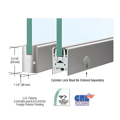 Brushed Stainless Low Profile Square DRS Door Patch Rail With Lock for 1/2" Glass - 8" Length