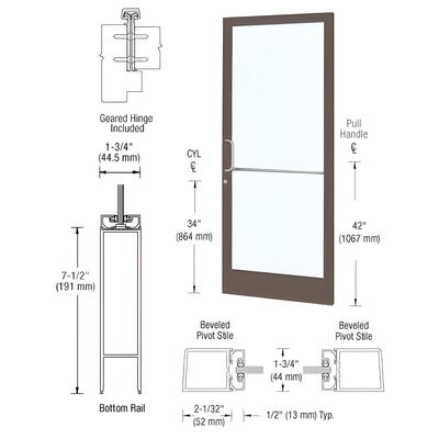 CRL-U.S. Aluminum Bronze Black Anodized Custom Single Series 250 Narrow Stile Geared Hinge Entrance Door for Surface Mount Door Closer