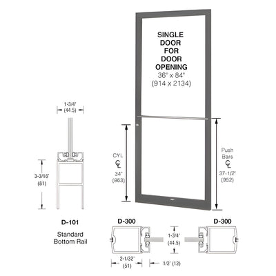 CRL-U.S. Aluminum Bronze Black Anodized 250 Series Narrow Stile (RHR) HRSO Single 3'0 x 7'0 Center Hung for OHCC w/Standard Push Bars Complete Door Std. MS Lock & Bottom Rail
