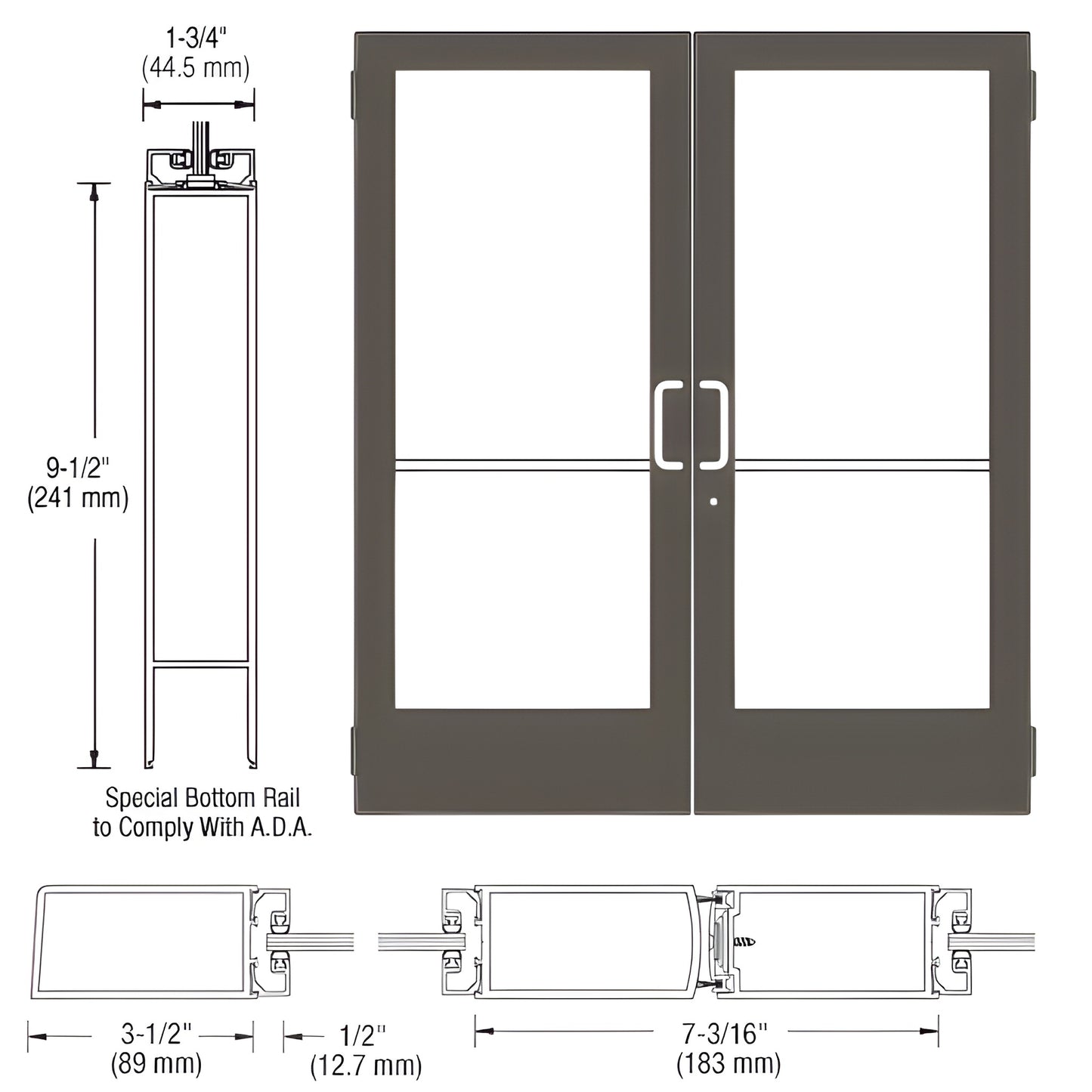 CRL-U.S. Aluminum 400 Medium Stile Entrance Door Pair - Closer-Ready