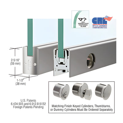 CRL Brushed Stainless 3/8" Glass Low Profile Square Door Rail With Lock - Custom Length