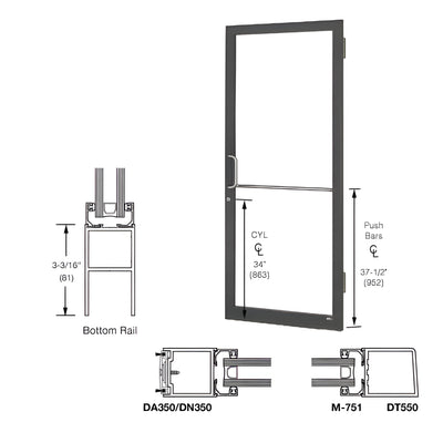 CRL-U.S. Aluminum Bronze Black Anodized 250 Series Narrow Stile Active Leaf of Pair 3'0 x 7'0 Offset Hung with Butt Hinges for Surf Mount Closer Complete Door Std. MS Lock & Std. Bottom Rail