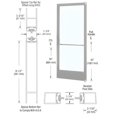 CRL-U.S. Aluminum Clear Anodized Custom Size Single Series 250 Narrow Stile Offset Pivot Entrance Door for Overhead Concealed Door Closer