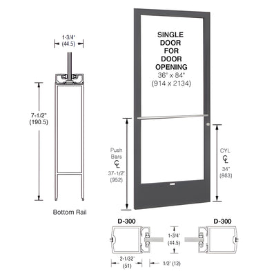 CRL-U.S. Aluminum Bronze Black Anodized 250 Series Narrow Stile (LHR) HLSO Single 3'0 x 7'0 Center Hung for OHCC with Standard Push Bars Complete Door/Std. MS Lock, 7-1/2" Std. Bottom Rail