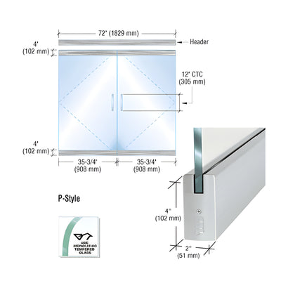 CRL Dry Glazed Frameless Glass 6'-0" P-Style Brushed Stainless Double Door Complete Entrance Kit - without Lock
