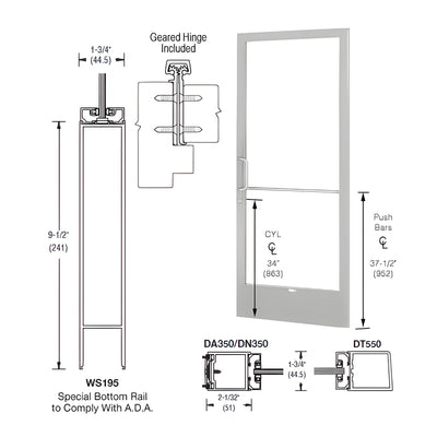 CRL-U.S. Aluminum Clear Anodized 250 Series Narrow Stile Active Leaf of Pair 3'0 x 7'0 Offset Hung with Geared Hinged Complete ADA Door with Lock Indicator, Cylinder Guard - for 1/4" Glazing